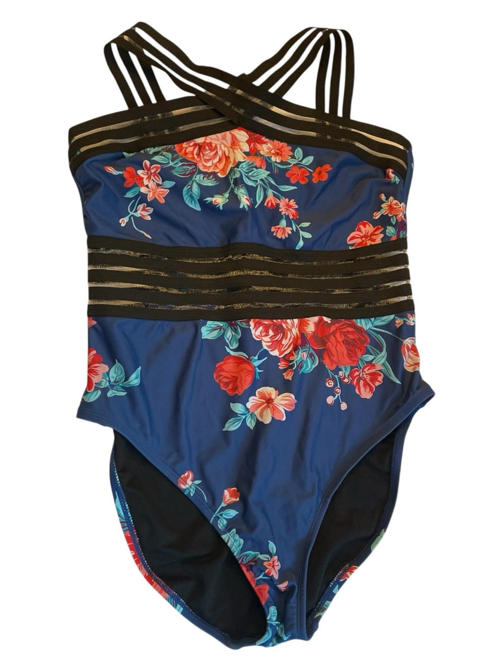 Hilor Floral Front Crossover One-Piece Swimsuit with Black-Mesh Trim Straps sz L